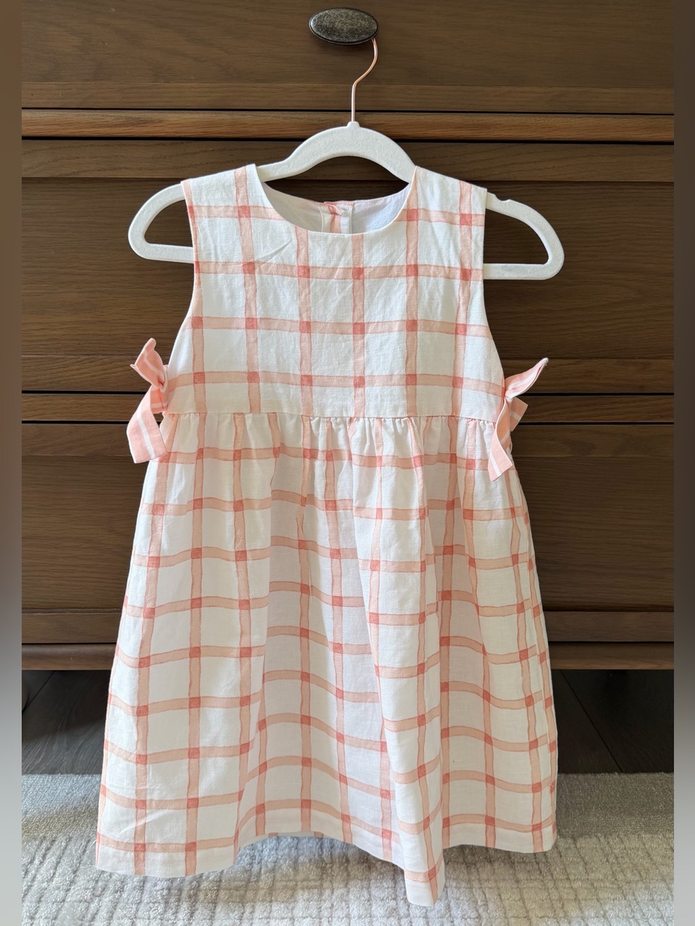 Girls Sleeveless Cream & Pink Windowpane Bow Dress